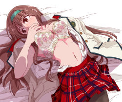 Rule 34 | 1girl, bra, breasts, brown eyes, brown hair, covering own mouth, dress shirt, floral print, green hairband, hairband, hand over own mouth, idolmaster, idolmaster million live!, jacket, lace, lace-trimmed bra, lace trim, long hair, looking to the side, lying, medium breasts, navel, on bed, pantyhose, partially undressed, plaid, plaid skirt, school uniform, shirt, skirt, solo, tamiya souichirou, tanaka kotoha, unbuttoned, unbuttoned shirt, underwear, uniform series (idolmaster), white jacket