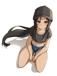 Rule 34 | 1girl, black hair, black shirt, blue shorts, brown eyes, commentary request, dark-skinned female, dark skin, from above, highres, long hair, looking at viewer, looking up, mefuchan, midriff, navel, original, ponytail, shirt, short shorts, short sleeves, shorts, solo, squatting, thighs