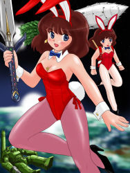 Rule 34 | 1980s (style), 1girl, age comparison, animal ears, armor, bag, between breasts, blue eyes, blush, breasts, brown hair, daicon, daicon bunny girl, daicon iii, daicon iv, detached collar, dual persona, earth (planet), fake animal ears, flat chest, leotard, looking at viewer, marison (aono107), mecha, mobile infantry, multiple views, oldschool, pantyhose, planet, playboy bunny, power armor, rabbit ears, rabbit tail, retro artstyle, robot, rocket, short hair, smile, space, spacecraft, sword, tail, time paradox, uchuu no senshi, ultramarine, weapon