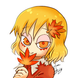 Rule 34 | 1girl, aki shizuha, blonde hair, chamaji, commentary, covering own mouth, dress, hair between eyes, hair ornament, leaf, leaf hair ornament, leaf on head, looking at viewer, lowres, maple leaf, profile picture, red dress, short hair, signature, smile, solo, touhou, white background, yellow eyes