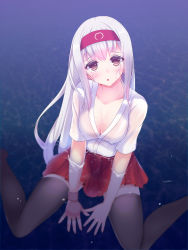 Rule 34 | 10s, 1girl, bad id, bad pixiv id, black thighhighs, blush, breasts, brown eyes, cleavage, collarbone, from above, hairband, in water, kantai collection, large breasts, long hair, looking at viewer, looking up, ocean, okuri banto, open mouth, partially submerged, pleated skirt, red skirt, see-through, short sleeves, shoukaku (kancolle), sitting, skirt, solo, thighhighs, v arms, very long hair, wariza, water, wet, white hair, zettai ryouiki
