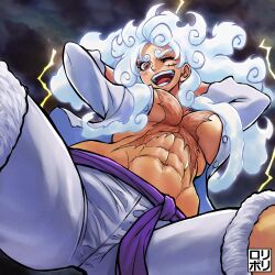 Rule 34 | 1girl, abs, belt, breasts, cloud, commentary, english commentary, gear fifth, genderswap, genderswap (mtf), highres, jamrolypoly, large breasts, lightning, long hair, monkey d. luffy, muscular, muscular female, one eye closed, one piece, open clothes, open mouth, open shirt, orange eyes, outdoors, overcast, pants, scar, scar on chest, scar on face, sky, smile, solo, teeth, white hair