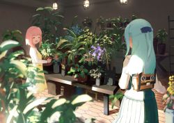 Rule 34 | 2girls, aikawa aika, alice gear aegis, bag, blue dress, blue hair, braid, dress, closed eyes, flower, highres, holding, lights, looking at another, multiple girls, ochanomizu mirie, open mouth, pink hair, plant, potted plant, snlivis50, yellow dress