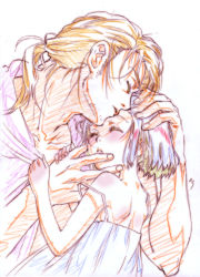 Rule 34 | 1boy, 1girl, age difference, bare shoulders, blonde hair, blush, child, closed eyes, color trace, colored pencil (medium), couple, dress, face, facial hair, hand on another&#039;s face, hetero, holding, hug, nishida asako, original, ponytail, short hair, size difference, sketch, sleeping, strap slip, traditional media