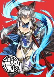 Rule 34 | 10s, 1girl, 92m, animal ears, braid, breasts, cleavage, erune, gloves, granblue fantasy, heles, large breasts, polearm, silver hair, solo, spear, thighhighs, weapon, yellow eyes