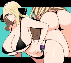 Rule 34 | 1girl, ass, bent over, bikini, black bikini, blonde hair, breasts, cleavage, creatures (company), cynthia (pokemon), from behind, game freak, green eyes, hair over one eye, highres, hihumi, huge breasts, legs, long hair, looking at viewer, master ball, mature female, multiple views, nintendo, poke ball, pokemon, pokemon dppt, seductive smile, smile, solo, swimsuit, thick thighs, thighs, thong bikini, very long hair