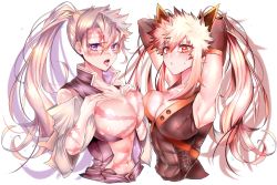 Rule 34 | 2girls, absurdres, adapted costume, armpits, arms behind head, arms up, bakugou katsuki, black gloves, blonde hair, blush, boku no hero academia, breast press, breast suppress, breasts, brown hair, center opening, cleavage, collarbone, covered abs, covered erect nipples, cropped torso, crossover, elbow gloves, facial scar, genderswap, genderswap (mtf), gloves, hair between eyes, hands up, highres, kimetsu no yaiba, large breasts, long hair, looking at viewer, multicolored hair, multiple girls, navel, open mouth, partially unbuttoned, ponytail, purple eyes, scar, scar on arm, scar on breasts, scar on cheek, scar on face, scar on forehead, scar on nose, shinazugawa sanemi, silver hair, simple background, skin tight, streaked hair, sweat, symmetrical docking, toned, tongue, tongue out, trako1201, twintails, unaligned breasts, white background