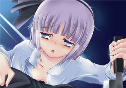 Rule 34 | 1girl, bags under eyes, blue eyes, blue hair, commentary request, dress shirt, hair ribbon, highres, knife, konpaku youmu, lilybell, open mouth, pov, ribbon, shirt, short hair, silver hair, solo focus, tears, touhou, upper body, yandere