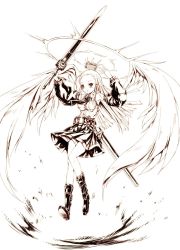 Rule 34 | 1girl, agina centralspirit, angel wings, arms up, belt, boots, crown, detached sleeves, eien no aselia, eternity sword series, flying, halo, highres, hitomaru, knee boots, long hair, monochrome, official art, sheath, shirt, skirt, solo, sword, weapon, wings, yuukyuu no euphoria