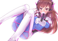 Rule 34 | 1girl, aiming, aiming at viewer, bodysuit, brown eyes, brown hair, blowing bubbles, caibao return, chewing gum, d.va (overwatch), facial mark, gloves, gun, headphones, highres, holding, holding gun, holding weapon, long hair, looking at viewer, overwatch, overwatch 1, pilot suit, simple background, solo, weapon, whisker markings, white background