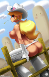 Rule 34 | 1girl, ass, ass cutout, blonde hair, blue eyes, breasts, butt crack, chaps, clothing cutout, cowboy hat, female focus, from behind, hat, highres, john joseco, large breasts, long hair, looking at viewer, looking back, mario (series), nintendo, nipples, ponytail, princess peach, sideboob, sitting, solo, super mario bros. 1