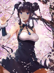 Rule 34 | 1girl, absurdres, bare shoulders, black dress, blue eyes, blunt bangs, blush, breasts, cherry blossoms, detached sleeves, double bun, dress, fate/grand order, fate (series), hair bun, highres, hitomin (ksws7544), jewelry, large breasts, long hair, looking at viewer, open mouth, pendant, petals, purple hair, sidelocks, smile, solo, tree, twintails, very long hair, yang guifei (fate), yang guifei (first ascension) (fate)