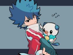 Rule 34 | 1boy, black eyes, blue hair, bright pupils, closed mouth, commentary request, copyright name, creatures (company), fingerless gloves, game freak, gen 5 pokemon, gloves, hair between eyes, holding, holding poke ball, holding pokemon, hugh (pokemon), jacket, long sleeves, looking at viewer, male focus, nintendo, ohhhhhhtsu, oshawott, poke ball, pokemon, pokemon (creature), pokemon bw2, red jacket, spiked hair, upper body, white pupils, zipper pull tab