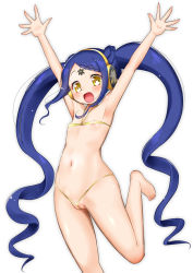 Rule 34 | 10s, 1girl, :d, arms up, bare arms, bare legs, bare shoulders, barefoot, bikini, blue hair, blush, braid, breasts, character request, collarbone, commentary request, halterneck, headphones, idol time pripara, long hair, looking at viewer, micro bikini, muu rian, navel, open mouth, outstretched arms, partially visible vulva, pretty series, pripara, simple background, small breasts, smile, solo, standing, standing on one leg, swimsuit, twintails, very long hair, white background, yellow bikini, yellow eyes