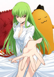 Rule 34 | 1girl, arm at side, arm support, bare legs, beckoning, bed sheet, breasts, c.c., cheese-kun, cleavage, code geass, collared shirt, commentary request, dress shirt, fingernails, foreshortening, frilled pillow, frills, green hair, hair between eyes, highres, indoors, isshi pyuma, lips, long fingernails, long hair, long sleeves, looking at viewer, medium breasts, naked shirt, no pants, on bed, outstretched arm, palms, parted lips, pillow, polka dot, polka dot background, revision, shirt, sitting, smile, solo, stuffed toy, very long hair, white shirt, yellow eyes