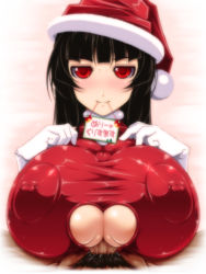 Rule 34 | 1girl, black hair, blush, breasts, censored, clothed sex, clothing cutout, cum, cum on clothes, gloves, hat, heart, heart cutout, huge breasts, katsuki yousuke, nipples, paizuri, paizuri under clothes, penis, penis under another&#039;s clothes, pov, pubic hair, red eyes, santa costume, santa hat, see-through, smile, translation request