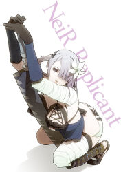 Rule 34 | 1girl, appendix, backless outfit, bad id, bad pixiv id, bandages, bow, braid, breasts, elbow gloves, female focus, flower, frills, full body, gloves, grey eyes, hair ornament, kaine (nier), kneeling, large breasts, lingerie, negligee, nier, nier (series), panties, plant, ribbon, shoes, short hair, silver hair, solo, sword, thigh strap, thighhighs, underwear, weapon, white background, white panties