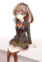 Rule 34 | 10s, 1girl, aqua eyes, brown hair, hair ornament, kantai collection, kubyou azami, kumano (kancolle), long hair, open mouth, personification, ponytail, school uniform, solo