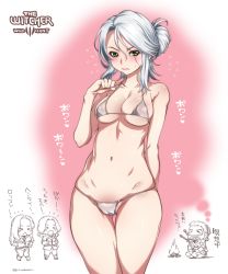 Rule 34 | 1boy, 3girls, bikini, blush, breasts, ciri, cleavage, geralt of rivia, gradient background, green eyes, half updo, highres, large breasts, long hair, looking at viewer, micro bikini, mudou eichi, multiple girls, navel, short hair, silver hair, sweatdrop, swimsuit, the witcher (series), the witcher 3, translated, triss merigold, yennefer of vengerberg