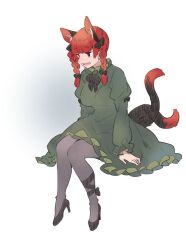 Rule 34 | 1girl, animal ears, artist request, black footwear, black ribbon, breasts, cat ears, cat girl, cat tail, dress, extra ears, fang, frilled dress, frills, full body, green dress, high heels, juliet sleeves, kaenbyou rin, large breasts, leg ribbon, long sleeves, medium hair, multiple tails, nekomata, open mouth, puffy sleeves, red eyes, red hair, ribbon, skin fang, solo, tail, third-party source, touhou, two tails, white background