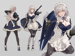 Rule 34 | 1girl, absurdres, black gloves, blush, breasts, chowbie, cleavage, closed mouth, commentary, elbow gloves, english commentary, full body, gloves, grey background, grey hair, highres, large breasts, long hair, looking at viewer, maid headdress, multiple views, open mouth, original, shield, simple background, smile, sword, weapon, white headwear, yellow eyes