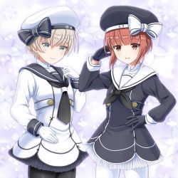 Rule 34 | 2girls, adapted costume, aqua eyes, arm up, black gloves, black legwear, black neckwear, blush, bow, brown eyes, brown hair, clothes writing, commentary request, dress, floral background, gloves, hand on own hip, hat, hat bow, highres, kantai collection, long sleeves, looking at viewer, multiple girls, pantyhose, parted lips, sailor collar, sailor dress, sailor hat, short hair, silver hair, simple background, smile, tk8d32, white gloves, white legwear, z1 leberecht maass (kancolle), z3 max schultz (kancolle)