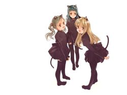 Rule 34 | 3girls, :d, animal ears, arms behind back, bell, black thighhighs, blonde hair, blue eyes, blue hair, blunt bangs, blush, brown eyes, cat ears, cat tail, child, collar, dress, ema (clovers), ema (shirotsume souwa), episode of the clovers, everyone, flat chest, grey eyes, grey hair, jingle bell, lace, leaning forward, legs, littlewitch, lolita fashion, long hair, looking at viewer, looking back, miniskirt, multiple girls, neck bell, ooyari ashito, open mouth, parted bangs, pleated dress, profile, sasahara yuuki, sayu (clovers), sayu (shirotsume souwa), shirotsume souwa, short dress, short hair, sidelocks, simple background, skirt, sleeves past wrists, smile, standing, tail, thighhighs, toka (clovers), touka (shirotsume souwa), twintails, wavy hair, white background, zettai ryouiki