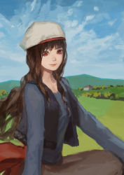 Rule 34 | 1girl, bad id, bad pixiv id, beret, blue shirt, brown hair, cloud, day, field, hat, holo, ishidah, lips, long hair, long skirt, mountain, red eyes, shirt, sitting, skirt, sky, smile, solo, spice and wolf, vest
