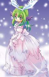 Rule 34 | 1girl, alternate costume, black wings, blush, commentary request, dated commentary, dress, fake wings, full body, green eyes, green hair, head wings, kawagoe pochi, long hair, looking at viewer, looking to the side, open mouth, ragnarok online, solo, soul linker (ragnarok online), wedding dress, white dress, white wings, wings