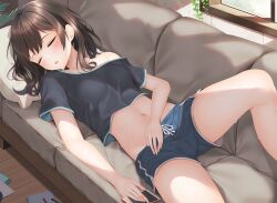 Rule 34 | 1girl, blush, breasts, brown hair, cellphone, closed eyes, collarbone, commentary request, couch, cowboy shot, dappled sunlight, indoors, medium breasts, medium hair, midriff, minato ojitan, navel, no bra, off shoulder, on couch, open mouth, original, phone, pillow, plant, short shorts, shorts, sleeping, smartphone, solo, sunlight, sweat, window