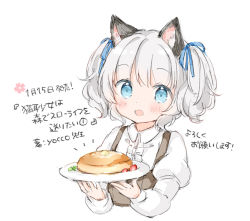 Rule 34 | 1girl, :d, animal ear fluff, animal ears, blue eyes, blue ribbon, blush, brown dress, center frills, collared shirt, commentary request, copyright request, dress, food, frills, fruit, grey hair, hair ribbon, holding, holding plate, juliet sleeves, long sleeves, looking at viewer, open mouth, pancake, plate, puffy sleeves, ribbon, shirt, simple background, sleeveless, sleeveless dress, smile, solo, strawberry, translation request, twintails, wataame27, white background, white shirt