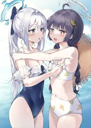 Rule 34 | 2girls, absurdres, ahoge, bare arms, bare legs, bare shoulders, bikini, black hair, blue archive, blue halo, blue one-piece swimsuit, blush, breasts, bright pupils, casual one-piece swimsuit, cleavage, commentary, cowboy shot, frilled one-piece swimsuit, frills, grey hair, grey halo, halo, hat, highres, illust sucong, leaf, leaf on head, leaf print, long hair, miyako (blue archive), miyako (swimsuit) (blue archive), miyu (blue archive), miyu (swimsuit) (blue archive), multiple girls, navel, off-shoulder one-piece swimsuit, off shoulder, official alternate costume, one-piece swimsuit, open mouth, ponytail, print bikini, purple eyes, red eyes, small breasts, straw hat, swimsuit, tears, twintails, white bikini, white pupils