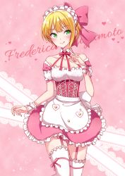 Rule 34 | 10s, 1girl, :q, alternate costume, apron, bare shoulders, blonde hair, blush, bow, breasts, character name, cleavage, closed mouth, collarbone, commentary request, corset, cowboy shot, detached collar, enmaided, frilled apron, frilled skirt, frilled sleeves, frilled thighhighs, frills, green eyes, hair bow, heart, heart print, idolmaster, idolmaster cinderella girls, index finger raised, lace trim, looking at viewer, maid, maid apron, maid headdress, medium breasts, miyamoto frederica, off shoulder, pink background, pink bow, pink skirt, red ribbon, ribbon, short hair, short sleeves, skirt, solo, standing, thighhighs, tongue, tongue out, waist apron, white apron, white thighhighs, yukiya (shiya), zettai ryouiki