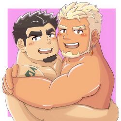 Rule 34 | 2boys, absurdres, arm tattoo, bara, beard, black hair, blonde hair, blush, brown eyes, cheek-to-cheek, crave saga, dark-skinned male, dark skin, earrings, excalibur (crave saga), eyebrow cut, facial hair, forked eyebrows, goatee, heads together, highres, hug, jewelry, large pectorals, looking at viewer, male focus, mature male, multiple boys, muscular, muscular male, nude, open mouth, pectorals, protagonist (crave saga), satono (satopu v2), short hair, simple background, smile, tattoo, thick eyebrows, yaoi