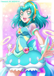 Rule 34 | 1girl, aqua choker, aqua hair, aqua shirt, arm garter, armpits, back bow, bag, border, bow, bracelet, breasts, bubble skirt, covered erect nipples, covered navel, cure milky, dated, earrings, hagoromo lala, hair between eyes, hair ornament, hairband, hanzou, highres, jewelry, looking at viewer, magical girl, multicolored background, open mouth, pink background, precure, puffy short sleeves, puffy sleeves, see-through, see-through sleeves, shirt, short sleeves, single leg pantyhose, skirt, small breasts, smile, solo, star (symbol), star color pen, star earrings, star hair ornament, star in eye, star twinkle precure, starry background, symbol in eye, twitter username, white border, yellow bow, yellow hairband