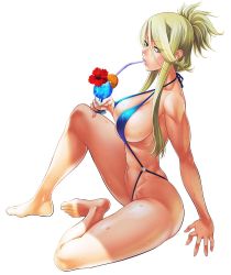Rule 34 | 1girl, arm support, bare legs, barefoot, blonde hair, blue eyes, blue one-piece swimsuit, blurry, breasts, cleavage, covered erect nipples, criss-cross halter, curvy, drink, drinking, drinking straw, eyes visible through hair, flower, folded ponytail, food, from side, fruit, full body, hair between eyes, halterneck, highres, hip bones, large breasts, lens flare, lilith-soft, long hair, looking at viewer, navel, nipples, o-ring, o-ring swimsuit, one-piece swimsuit, orange (fruit), orange slice, outdoors, perky breasts, ponytail, shiny skin, sidelocks, simple background, sitting, slingshot swimsuit, solo, sweat, swimsuit, taimanin (series), taimanin asagi, taimanin asagi kessen arena, toned, touko von messerschmitt, white background, zol