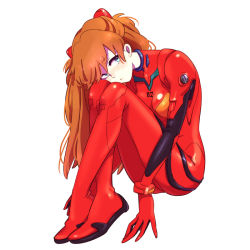 Rule 34 | 1girl, ass, blue eyes, blush, bodysuit, bracer, breasts, brown hair, crossed legs, expressionless, fetal position, from side, full body, gloves, hair ornament, half updo, head tilt, knees up, long hair, neon genesis evangelion, orange hair, pilot suit, plugsuit, rotte (nuuum), sideways glance, simple background, sitting, small breasts, solo, souryuu asuka langley, turtleneck, white background, wide hips