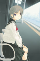 Rule 34 | 1girl, black skirt, blue eyes, blurry, brown hair, chair, dasoku sentarou, day, depth of field, expressionless, fog, from side, long sleeves, looking at viewer, looking to the side, original, pleated skirt, sailor collar, school uniform, serafuku, shirt, silver hair, simple background, sitting, skirt, socks, solo, train station, white shirt