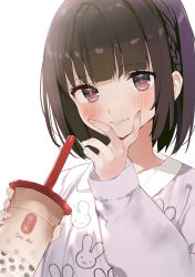 Rule 34 | 1girl, animal print, black hair, blunt bangs, blush, bob cut, braid, brown eyes, bubble tea, closed mouth, cup, disposable cup, drinking straw, gaou (umaiyo puyoman), grey shirt, hand up, highres, holding, holding cup, long sleeves, looking at viewer, original, rabbit print, shirt, short hair, sidelocks, simple background, smile, solo, upper body, white background