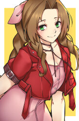 Rule 34 | 1340smile, 1girl, absurdres, aerith gainsborough, breasts, brown hair, cleavage, closed mouth, commentary, dress, english commentary, eyelashes, final fantasy, final fantasy vii, final fantasy vii remake, green eyes, highres, jacket, long hair, looking at viewer, open clothes, open jacket, pink dress, red jacket, short sleeves, small breasts, smile, solo