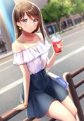 Rule 34 | 1girl, amagi shino, bag, blue skirt, bracelet, brown hair, building, collarbone, cup, disposable cup, drinking straw, earrings, fingernails, hair behind ear, handbag, high heels, highres, holding, holding cup, jewelry, long hair, miniskirt, nail polish, off-shoulder blouse, off-shoulder shirt, off shoulder, original, outdoors, parted bangs, purple eyes, railing, road, shirt, signature, sitting, skirt, street, toes, tree, white shirt