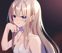 Rule 34 | 1girl, bare arms, bare shoulders, blue eyes, blurry, blurry background, blush, breasts, cleavage, closed mouth, collarbone, commentary request, crying, crying with eyes open, highres, kisaragi yuri, long hair, looking at viewer, original, silver hair, sleeveless, small breasts, solo, tears, upper body