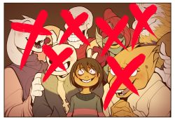 Rule 34 | 3boys, 3girls, ;p, alphys, androgynous, asgore dreemurr, bad end, beard, blonde hair, chara (undertale), child, constricted pupils, crazy smile, crossed out, dark persona, everyone, evil grin, evil smile, eyepatch, eyeshadow, facial hair, fins, frisk (undertale), furry, glasses, grin, group picture, head fins, hood, hoodie, horns, makeup, monster boy, monster girl, multiple boys, multiple girls, one eye closed, own hands clasped, own hands together, palidoozy-art, papyrus (undertale), photo (object), red eyes, sans (undertale), shirt, skeleton, smile, spoilers, striped clothes, striped shirt, tongue, tongue out, toriel, undertale, undyne, v