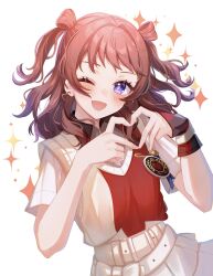 Rule 34 | 1girl, ;d, blush, brown hair, commentary, earrings, fingernails, gakuen idolmaster, hanami saki, heart, heart earrings, heart hands, highres, idolmaster, jewelry, long hair, looking at viewer, one eye closed, open mouth, purple eyes, satoimo chika, shirt, short sleeves, simple background, skirt, smile, solo, sparkle, sweater vest, two side up, upper body, white background, white shirt, white skirt