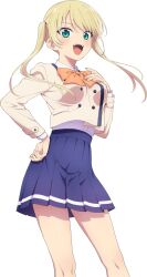 Rule 34 | 1girl, blonde hair, blue eyes, blue skirt, bow, bowtie, cowboy shot, hand on own hip, hand on own chest, highres, hoshizaki rika (kanojo mo kanojo), kanojo mo kanojo, looking at viewer, miniskirt, official art, open mouth, orange bow, orange bowtie, pleated skirt, school uniform, skirt, smile, solo, teeth, toyota akiko, transparent background, twintails, upper teeth only