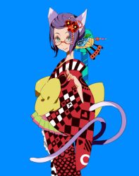 Rule 34 | 1girl, animal ears, cat ears, cat tail, flower, glasses, hair flower, hair ornament, japanese clothes, kimono, multiple tails, nekomata, original, rakuchii (rurituvo), rurituvo, solo, tail, two tails