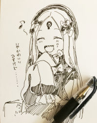Rule 34 | 1girl, :d, ^ ^, abigail williams (fate), absurdres, art tools in frame, bow, closed eyes, dress, eating, eighth note, facing viewer, fate/grand order, fate (series), food, hair bow, hat, highres, holding, holding food, long hair, looking at viewer, monochrome, musical note, open mouth, parted bangs, photo (medium), sandwich, sharp teeth, sleeves past fingers, sleeves past wrists, smile, sofra, solo, teeth, traditional media, translation request, very long hair
