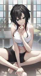 Rule 34 | 1girl, bare legs, barefoot, black hair, black shorts, blue eyes, breasts, closed mouth, commentary request, crop top, hair between eyes, hand up, highres, indian style, indoors, large breasts, long hair, looking at viewer, midriff peek, original, scottie (phantom2), shirt, short shorts, shorts, sidelocks, sitting, sleeveless, sleeveless shirt, smile, solo, white shirt
