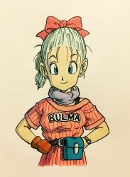 Rule 34 | 1girl, aqua hair, arms at sides, belt, blue eyes, braid, brown gloves, bulma, character name, clothes writing, commentary request, dragon ball, dragon ball (classic), eyelashes, fanny pack, gloves, hair ribbon, hand on own hip, happy, highres, lee (dragon garou), pink ribbon, pink shirt, purple scarf, ribbon, scarf, shaded face, shirt, simple background, smile, solo focus, striped clothes, striped shirt, upper body, vertical-striped clothes, vertical-striped shirt, watch, wristwatch