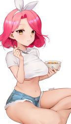 Rule 34 | 1girl, aqua nails, artist name, bare legs, blue shorts, blush, bowl, breasts, cereal, closed mouth, crop top, curly hair, cutoffs, denim, denim shorts, eden (shiroki yuutsu), hairband, highres, holding, holding bowl, holding spoon, large breasts, looking at viewer, milk, nail polish, navel, original, pink hair, shirt, short hair, short shorts, short sleeves, shorts, simple background, sitting, solo, spoon, underboob, white background, white hairband, white shirt, yellow eyes